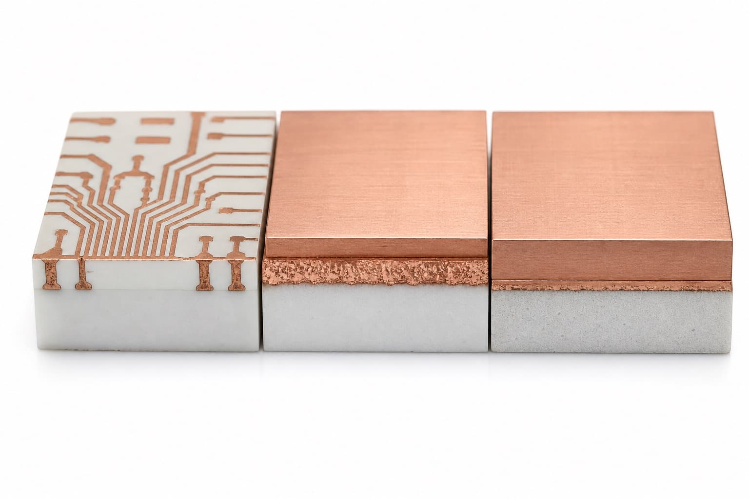 Cross-section comparison of DPC fine copper traces, AMB brazed copper foil, and DCB thick bonded copper on ceramic submount substrates.