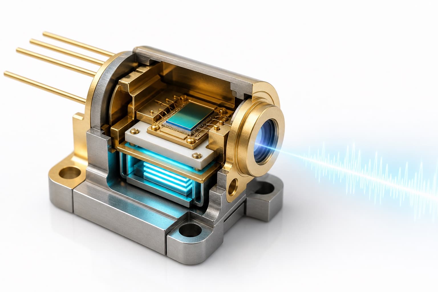 Hermetic butterfly-style laser module with TEC cooling and ceramic submount for FMCW phase stability.
