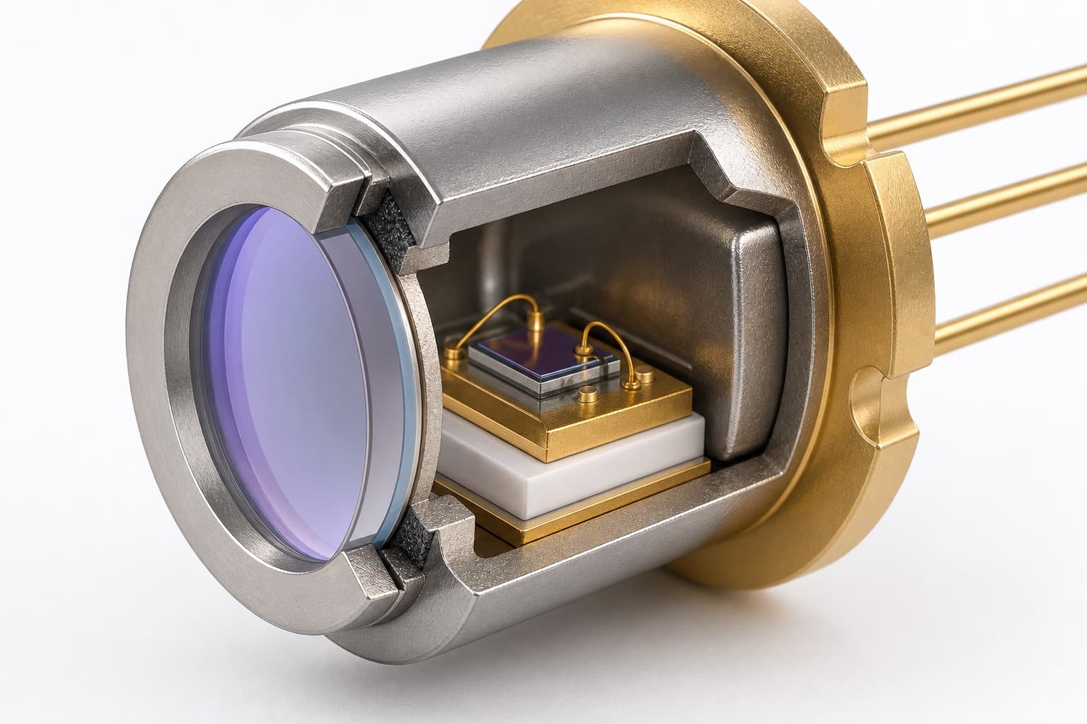 Hermetic laser package cutaway showing a sapphire optical window sealed to the package front face.