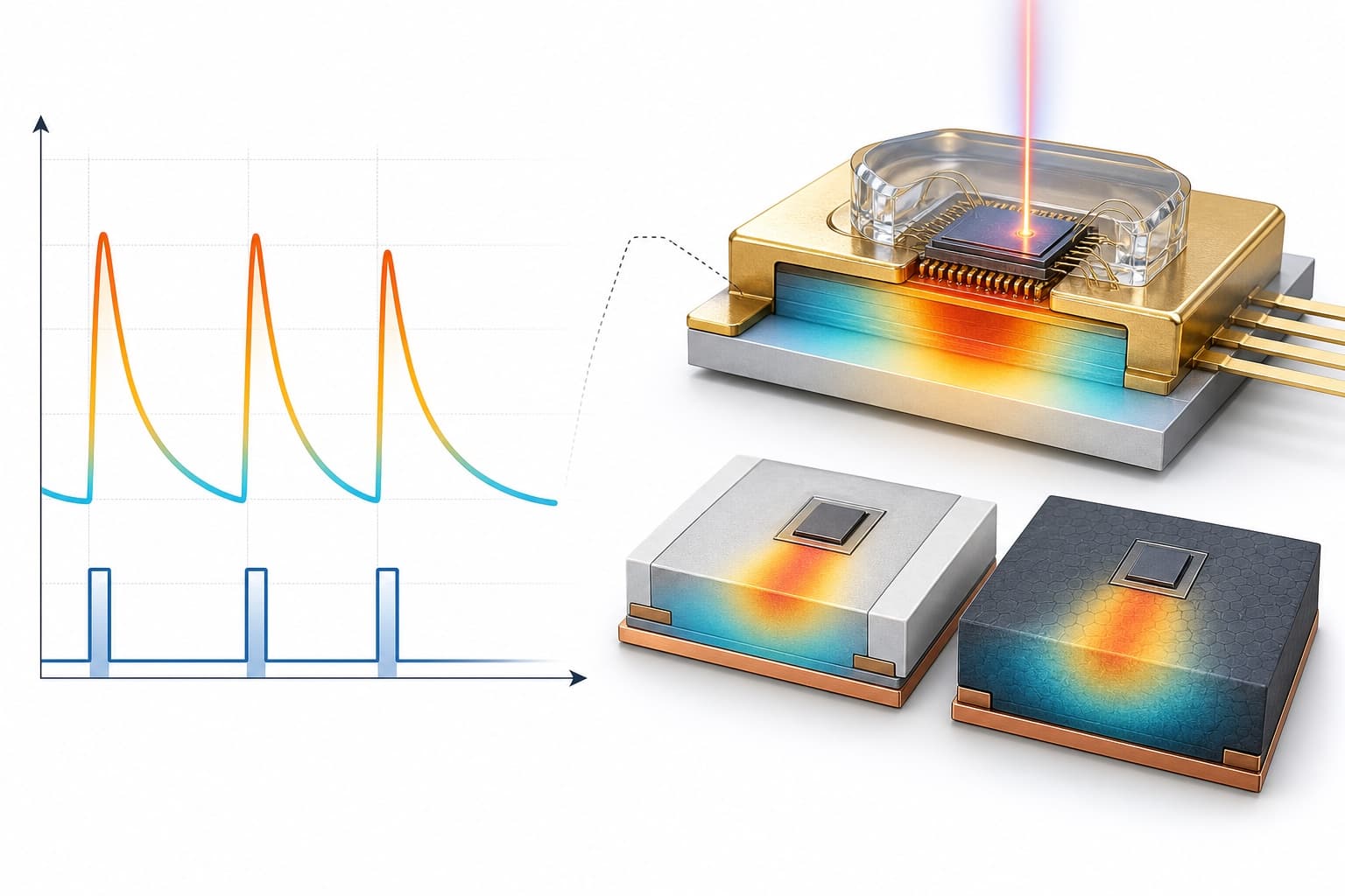 Transient junction temperature during pulsed LiDAR operation with heat spreading through a ceramic submount beneath the laser die.