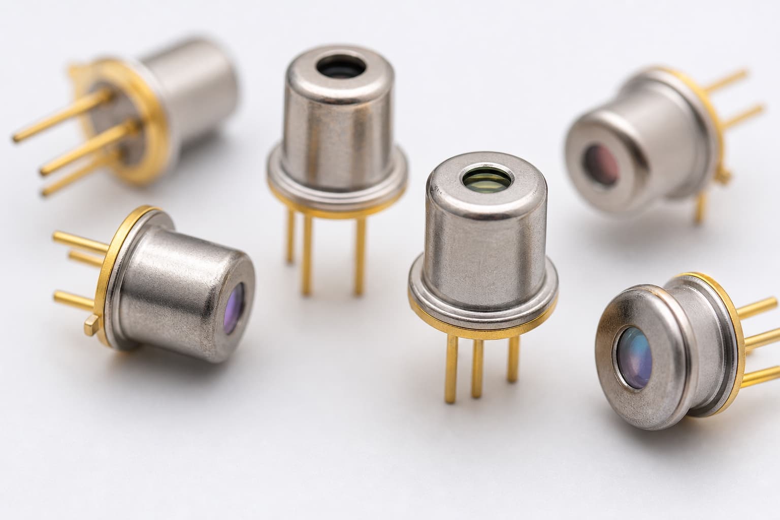 Hermetic TO-can laser diode headers with glass optical windows arranged for package comparison.